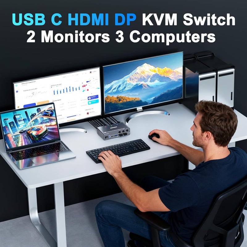AOOCOO مفتاح KVM USB C 4K60Hz، مفتاح USB C HDMI DP لشاشتين لمشاركة 2 جهاز كمبيوتر و 1 لابتوب و 4 أجهزة USB3.0، 100W PD للابتوب، تحكم عن بعد سلكي وكابلات USB متضمنة - Image 4